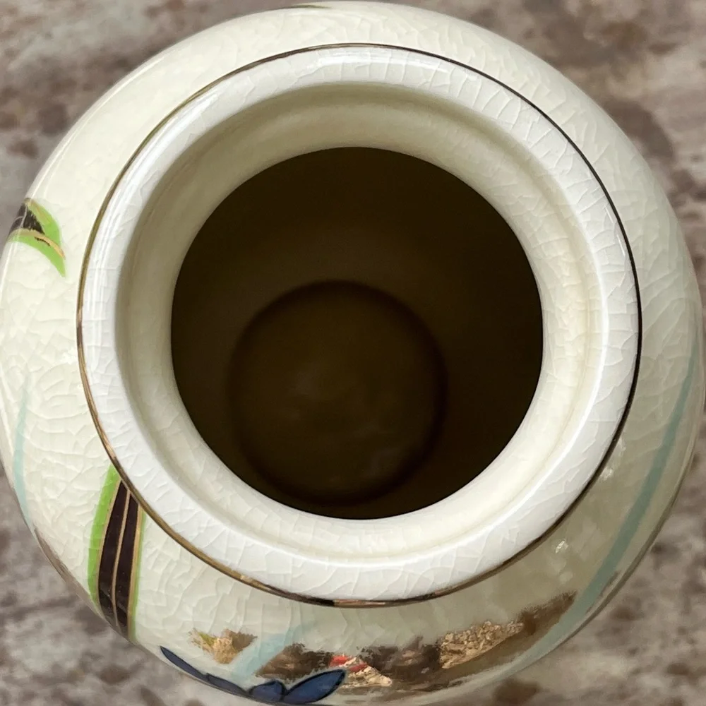 Vintage Crackled Glaze Style Vase with Bird and Flowers